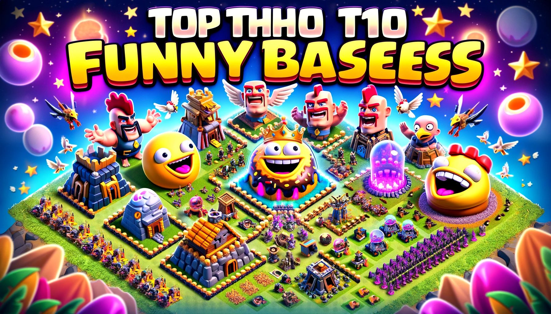DALL·E 2024 03 15 15.56.53 Create a vibrant and humorous YouTube thumbnail showcasing Clash of Clans Town Hall 10 Funny Bases. The image should feature cartoonish and